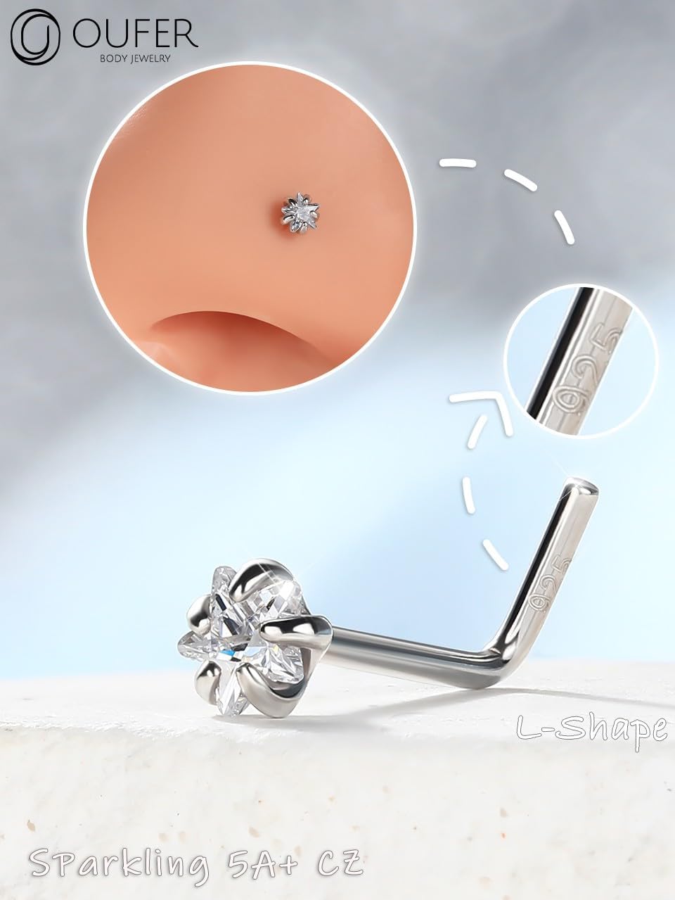 OUFER 925 Sterling Silver Nose Studs, L Shaped Nose Rings Studs, 20G Nostril Solid 3mm Star CZ Nose Piercing Jewelry, Nose Studs For Women Men (L - 3mm Star) - Image 5