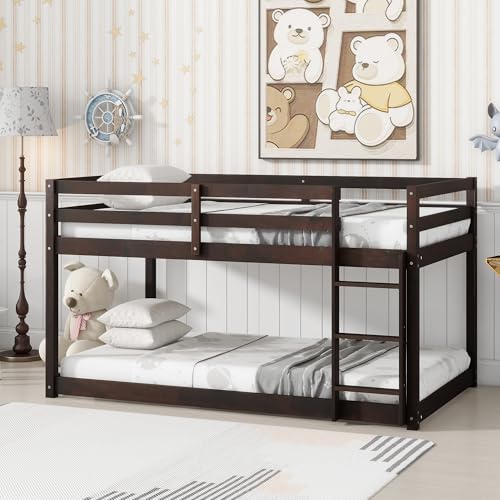 ZJIAH Bunk Bed Twin Over Twin, Floor Bunk Bed w Ladder, Safety Guard Rails, Heavy Duty Wooden Twin Bunk Beds Low Bunkbeds No Box Spring Required, Espresso
