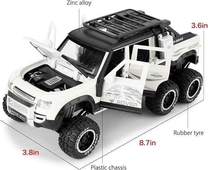 Image of 1:24 Scale Big Land Rover Defender Six Wheels Off-Road Pickup Toy Car | Metal Pullback Diecast Car for Kids with Openable Doors, Sound, Light Effects Toy (Color As Per Available)