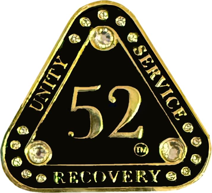 (1-55 Years) AA 52-Year "Midnight Crystals" Triangle Coin - Alcoholics Anonymous Medallion, AA Sobriety Medallion, Triangular Sobriety Chip, Clear Crystals, Golden, Black Rainbow Glitter