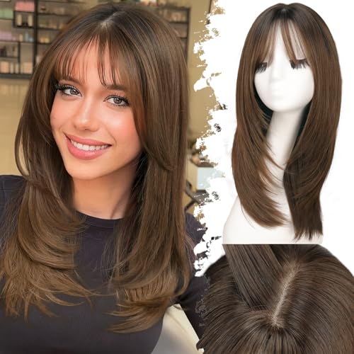 Eawwii Wig with Bangs for Women Brown Straight Face-Framing Layers