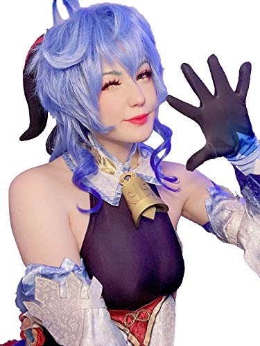 LABEAUTÉ Curly Blue Ganyu Cosplay Wig Wavy Fluffy Anime Hair Wig with Bangs for Halloween Party Comic + Cap