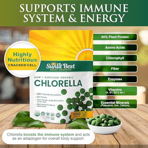sunlit best usda organic premium chlorella tablets 1000 count  100 pure chlorella superfood supplement high in protein chlorophyll vitamins amp minerals  supports good health wellbeing