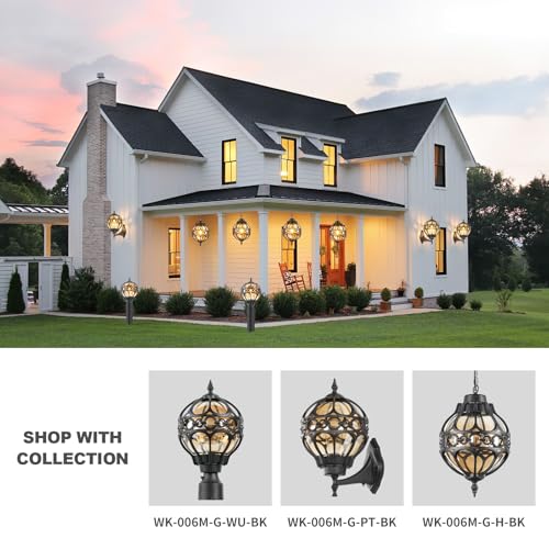 Dusk to Dawn Outdoor Pendant Lighting for Porch, Black Aluminum Anti-Rust Hanging Lights Fixture, Adjustable Globe Outside Lantern Ceiling Mount, Industrial Exterior Chandelier, Amber Glass