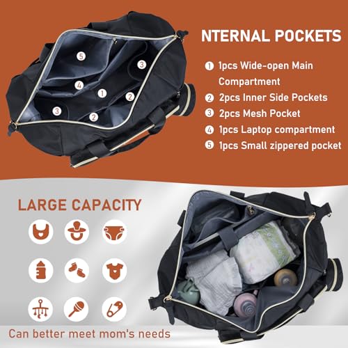 Image of 7pcs Diaper Tote, Large Mommy Bag, Baby Diaper Bag - Black