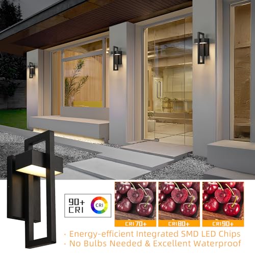 Image of tewei LED Outdoor Wall Sconce Modern Exterior Lighting Fixtures, Matte Black Outdoor Front Porch Lights LED Outside Wall Mount Lights for House, Hallway, Warm White 3000K, 2 Pack