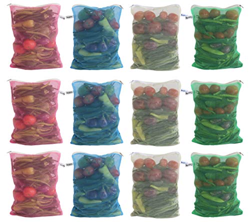 Image of Beddify Set of 12 Reusable Fridge Mesh Fabric Storage Bag for Vegetables and Fruits with Zip Lock (9 X 14 Inches) Multi Color