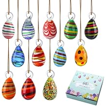 HDCRYSTALGIFTS Set 12 Blown Glass Easter Tree Ornaments, Multicolored Mini Hanging Glass Eggs Decor for Tree Basket DIY Crafts Easter Party Favors