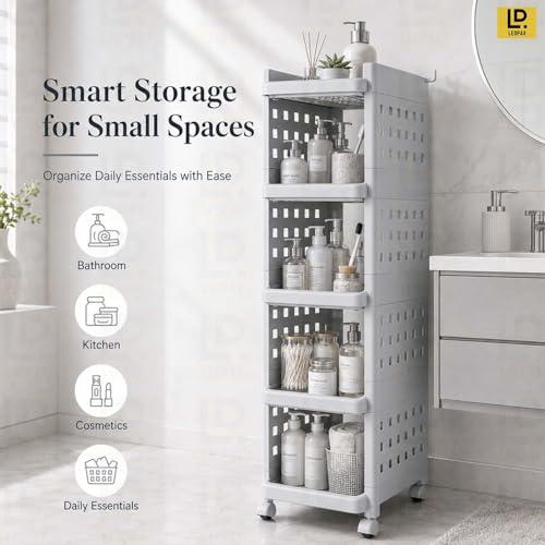 Image of LEOPAX 5 Tier Multi-Purpose Storage Rack Stackable Shelf Utility Rolling Stand Rack | Storage Organizer Racks with Wheels for Kitchen Laundry Room Bathroom Office Home - Grey (28 x 33 x 94cm)