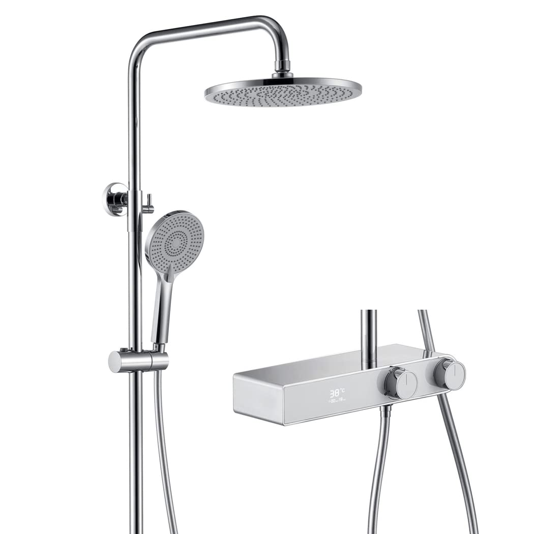 WOTZOV Shower Faucet Set With Led Digital Display Shower System Wall Mounted Rain Shower Combo Set 10 Inches Tub And Shower Trim Kit With Tub Spout, Handheld Sprayer, Rain Showe，Cromo