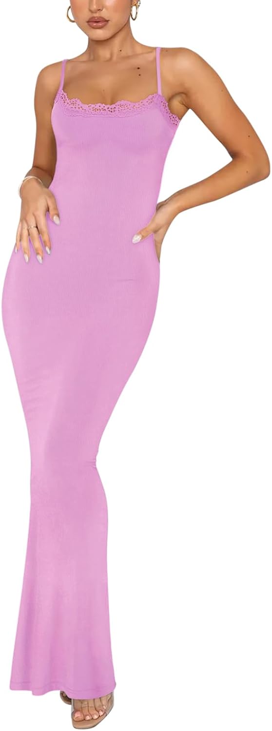 REORIA Women's Summer Lace Slip Lounge Long Dress Sexy Casual Elegant Backless Ribbed Bodycon Maxi Dresses