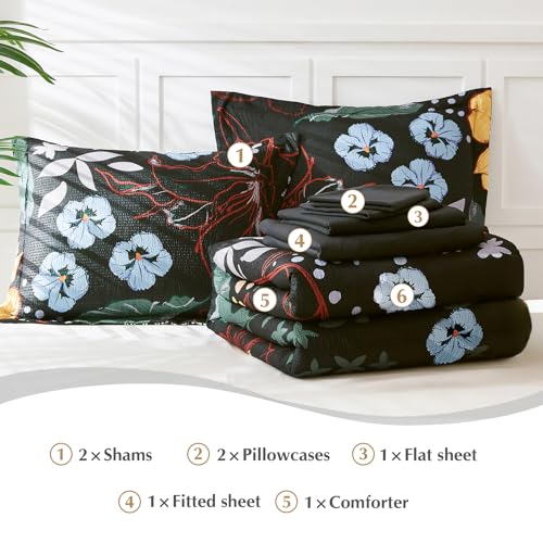 CASAAGUSTO Full Comforter Set, 7 PCS Black Floral Comforter Set with Flowers Leaves Pattern, Soft Seersucker Design All Season Full Size Bedding Set (80"X90")