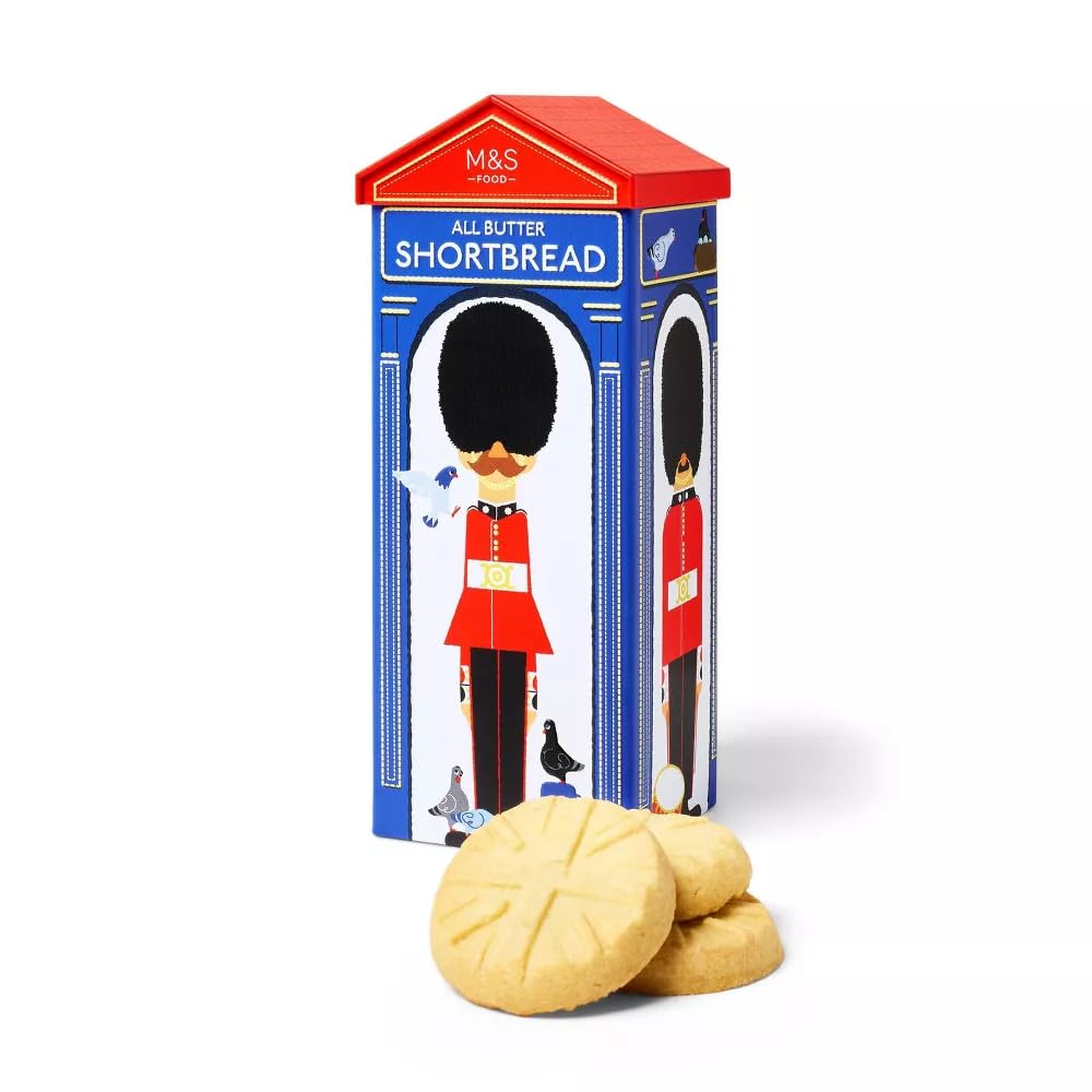 M&S All Butter Shortbread London Guard Tin Christmas Special 180g British Guard Tin Made in Scotland - in Premier Life Store box