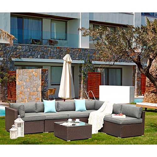 HOMPUS 7 Pieces Outdoor Furniture Set All Weather Brown Wicker Patio Sofa wGrey Seat Cushions 2 Blue Pillows and Glass Coffee Table Outdoor Sectional Sofa Couch for Backyard Garden Balcony Deck
