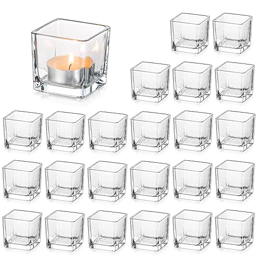 Glasseam Clear Glass Tea Light Candle Holders Set of 24, Square Small Candle Holder Bulk