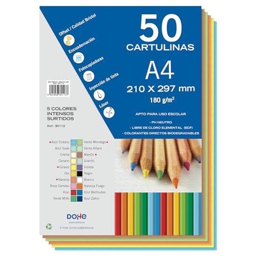 Dohe - Cartulinas A4 Colores Intensos para Manualidades e Impresión (50 uds.) - 21x29,7 cm - 180 g/m² - Material de oficina