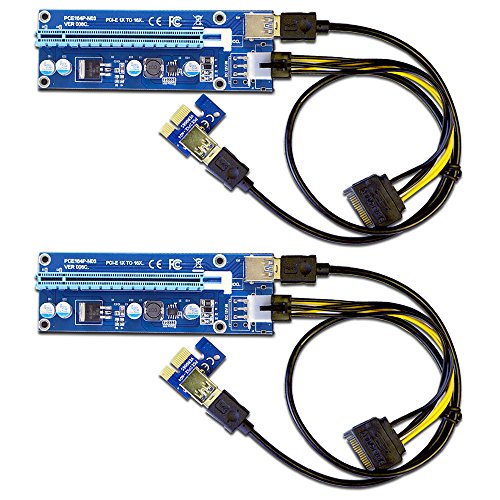 2-Pack PCIe 6-Pin PCI-E 16x to 1x Powered Riser Adapter Card w/ 60cm USB 3.0 Extension Cable & 6-Pin PCI-E to SATA Power Cable - GPU Riser Adapter - Ethereum Mining ETH