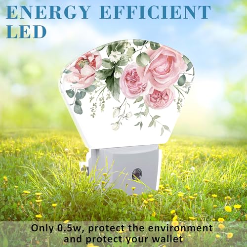 Image of Watercolor Pink Flowers Night Light Plug into Wall, Pink Roses Night Light with Dusk to Dawn Sensor for Kid Girls Boys Women Men Room, Hallway, Kitchen, Bathroom, Stairs Decor