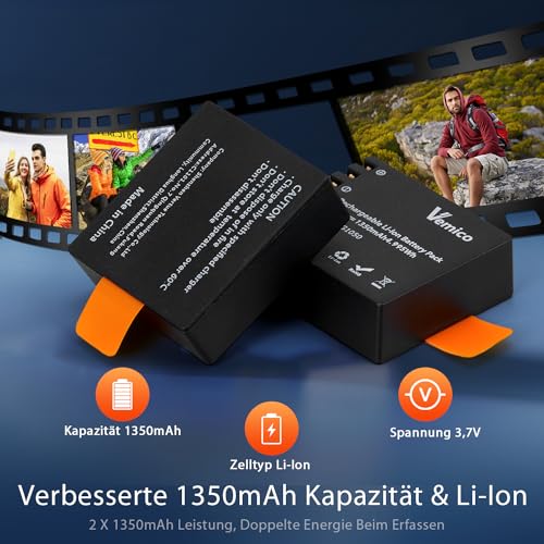 Vemico Action Cam Akku Ladegerät Kit 3 x 1350mAh PG1050 Akku mit Dual Ladegerät Kompatibel mit Action Cam/Sjcam/Apexcam/Victure/Campark/Akaso/Apeman/Nilox/Crosstour/Dbpower/Eken (schwarz)