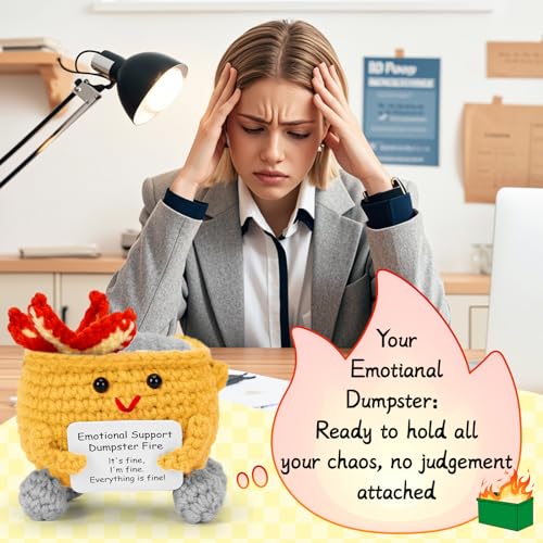 Image of Keyrose Emotional Support Dumpster Fire Crochet Doll, a Cute Funny Handmade Desk Accessories Office Decor, Birthday Gifts for Women Men with Positive Card(Yellow)