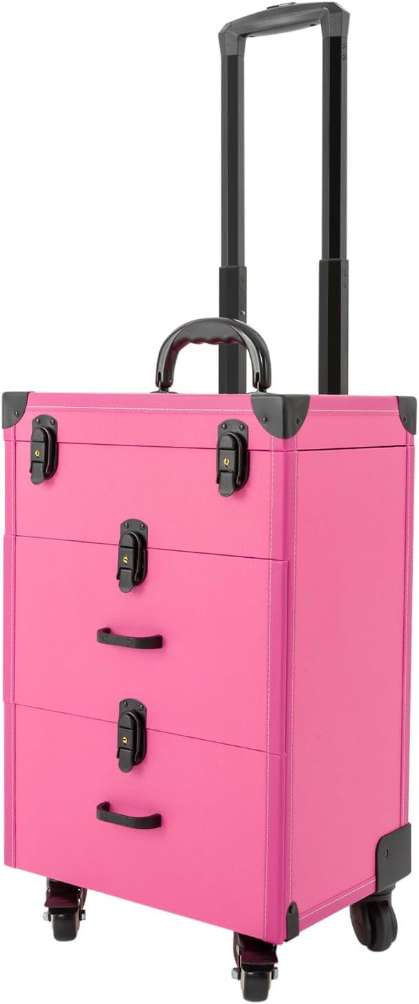 Professional Makeup Case Rolling Cosmetic Trolley Jewelry Travel Make Up Train Storage Organizer Luggage 3Tier Large Waterproof Tour Suitcase With 4Wheels For Makeup Artist Cosmetologist (Rose Red)
