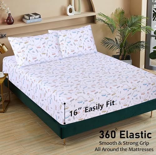 RUVANTI 100% Cotton Sheets Queen Size Set, 4 Pieces, Soft & Breathable Percale Weave Bedding, Deep Pocket 16", Hotel Standard, Crisp Cool Feeling, Durable, Perfect Floral Bed Sheet, Dino