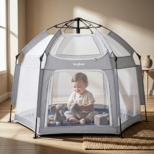 Image of Baybee 140 x 110 Cm JoyNest Kids Playpen for Babies Up to 5 Years | Foldable Playard for Babies with Mosquito Protection & Zipper Lock | Baby Indoor & Outdoor Play Area Setup with Hexagon shape for Extra Space (Light Grey)