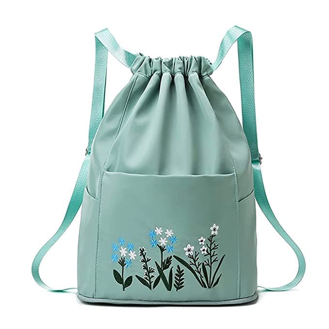 Floral Embroidered Drawstring Backpack, Mint Green Foldable Travel Bag for Women and Girls, Compact Storage Design-image-16