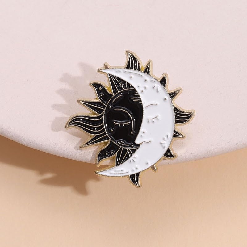 Image of Moon Sun Face Brooch Pin Cartoon Flaming Sun Badges Enamel White Moon Black Sun Corsage for Hat Bag T-shirt Decors