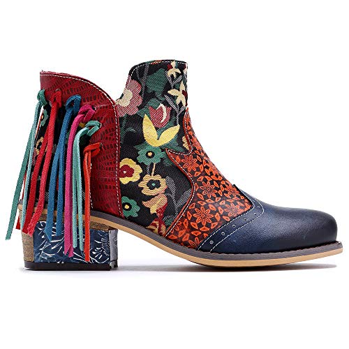 CrazycatZ Women's Leather Ankle Booties, Bohemian Pattern Short Boots Flower Splicing Pattern Handmade Vintage Shoes Exotic Booties4