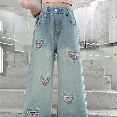 Teen Girls Heart Embroidery Baggy Jeans Wide Leg Elastic High Waist Denim Pants Stylish Cute Trousers for Kids Girls2