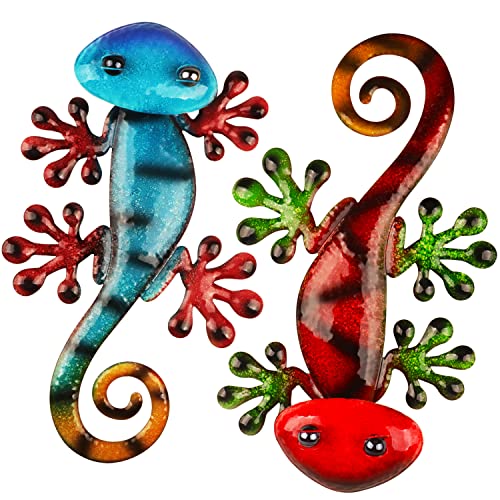 Jangostor 2 Piezas 34 CM Decoración de arte de pared Gecko de metal con Sacudiendo la cabeza Decoración de jardín de lagarto de metal para interior & exterior sala estar patio jardín (Rojo Azul) Cover