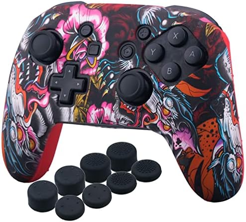 YoRHa Studded Silicone Transfer Print Cover Skin Case ONLY for Nitendo Official Switch Pro Controller x 1(Dragon Red) with Pro Thumb Grips x 8