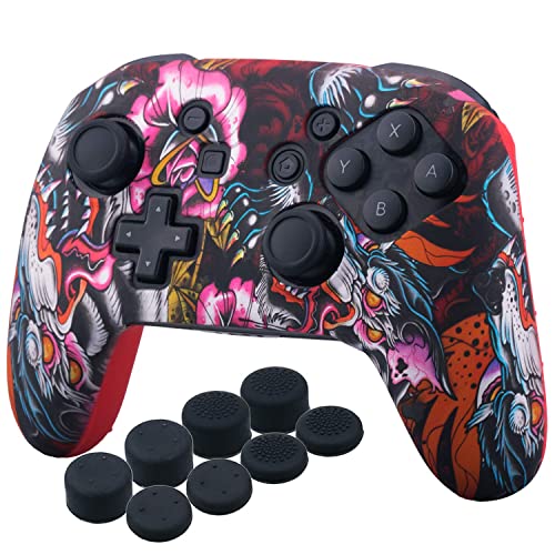 Yorha Studded Silicone Transfer Print Cover Skin Case Only For Nitendo Official Switch Pro Controller X 1(Dragon Red) With Pro Thumb Grips X 8 #TOP1
