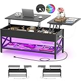Aheaplus Black Lift-Top Coffee Table with LED Light, Power Outlets and Storage Shelf, 41.7'W x 19.69'L x 19.7'H