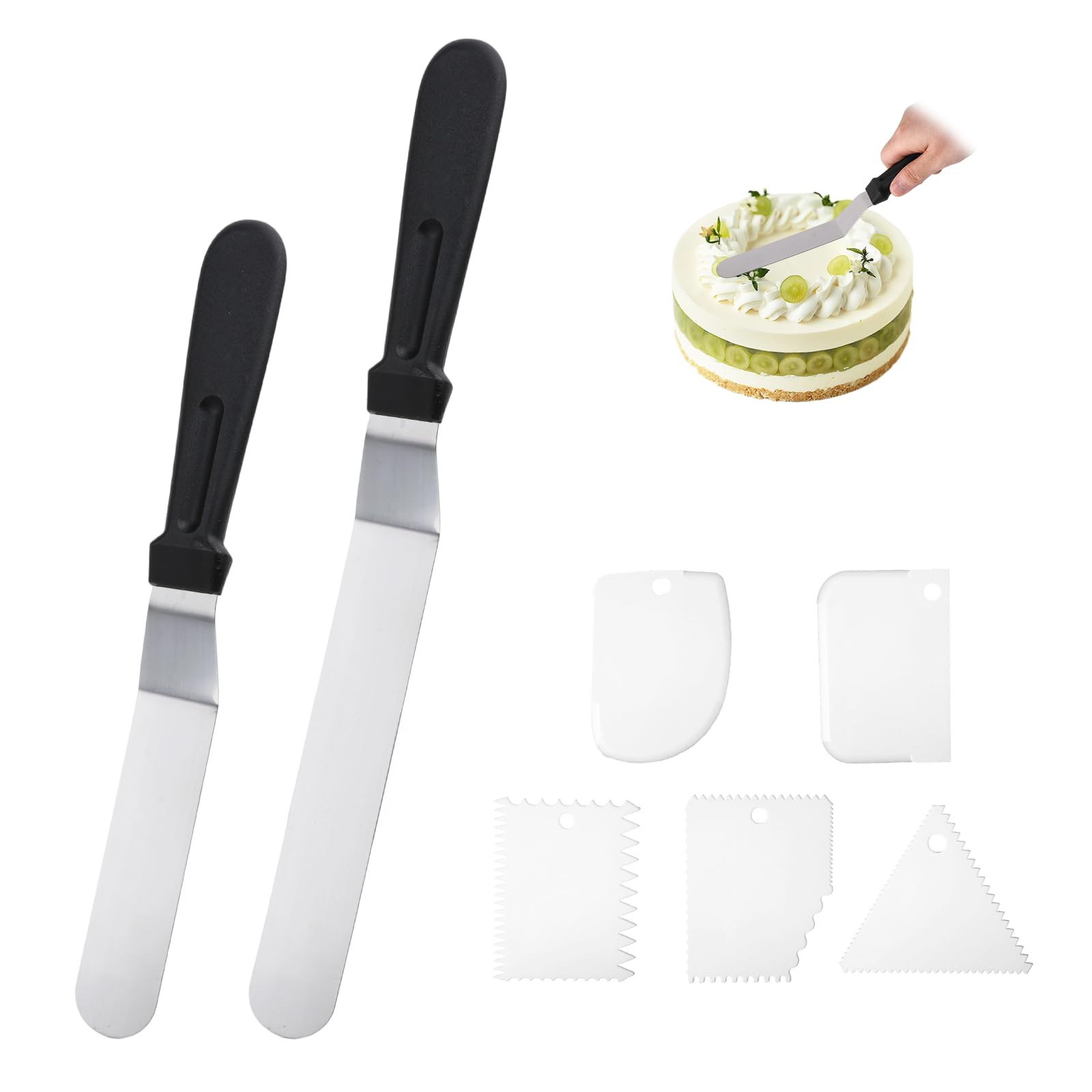 2 Stück Winkelpalette Edelstahl, Tortenmesser Tortenspachtel mit Holzgriff Und 5 Teigschaber, 6 inch/8 inch (15.24 cm/20.32 cm) für Backen,Verteilen Und Dekorieren Von Torten（Schwarz）