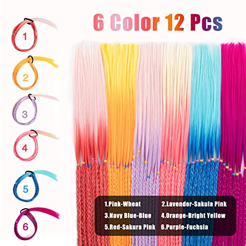 12Pcs Colored Braids Hair Extensions With Rubber Bands Rainbow Ponytail Hair Accessories For Women Kids Girls Colorful Braided Synthetic Hairpieces For Party Highlights #TOP2