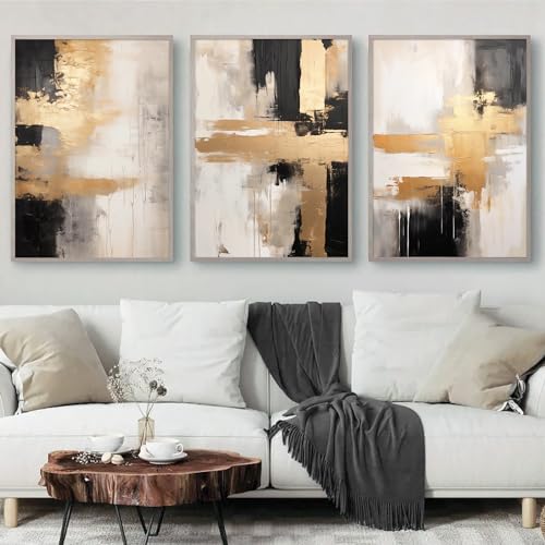 Black Gold Abstract Wall Art Gold Foil Artwork Black Gold White Painting Color Block Abstract Wall Art Abstract Black Canvas Wall Art Gold and Grey Artwork Modern Abstract Picture 16x24inchx3 No Frame