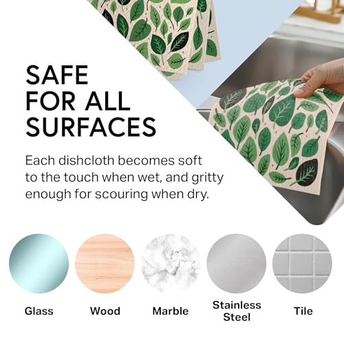 Image of Swedish Wholesale Dishcloths Reusable 8 inch x 7 inch Sponge Cloths, Bulk 10 Pack of High Absorbent Cellulose Dish & Kitchen Cleaning Hand Towels, Wring to Dry & Machine Wash, Odor Resistant, Leaves