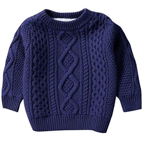 Kids Long Sleeve Crew Neck Chunky Twist Warm Fleece Lined Knit Pullover Sweater for Toddler Baby, Little & Big Boys, Navy 2-3 Months = Tag 100