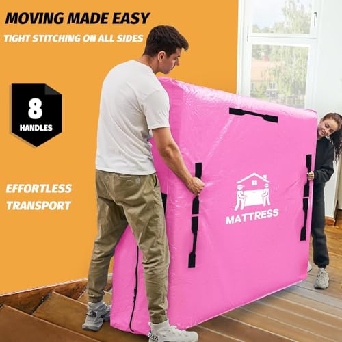 Image of Mattress Bags for Moving, BETU Mattress Protector Waterproof Mattress Cover Storage Bags with 8 Heavy-Duty Handles and Zipper for Bed Extra Thick Large Reusable,82 inchx42 inchx15 inch,Pink