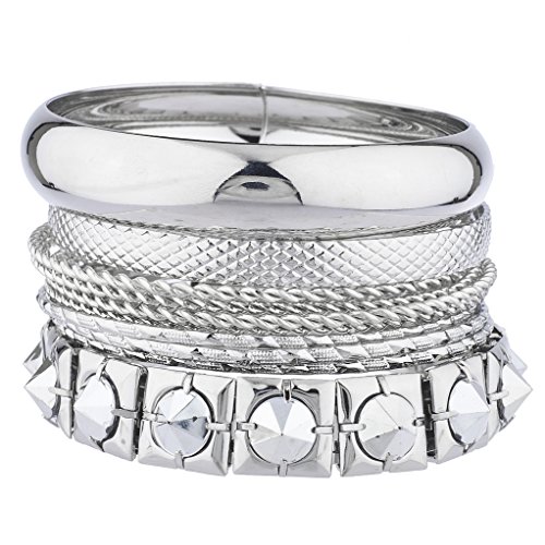 LUX ACCESSORIES Pyramid Spike Textured Mixed Metal Multiple Bangle Bracelet Set