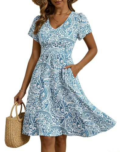 Kranda Women 2026 Summer V-Neck Casual Beach Vacation Sundress Empire Waist Short Flutter Sleeve Ruffle Tiered Floral Midi Dresses with Pockets Blue White Paisley XXL
