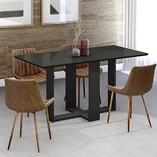 Mesa de Jantar 120cm x 90cm 4 Lugares Tampo Vidro Easy Versátile Casa D Preto
