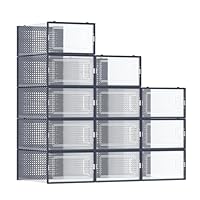 SONGMICS Shoe Boxes, Pack of 12 Shoe Storage Organizers, Stackable Clear Plastic Boxes for Closet, Sneakers, 13.1 x 9.1 x 5.6 Inches, Transparent and Charcoal Blue ULSP12SB30