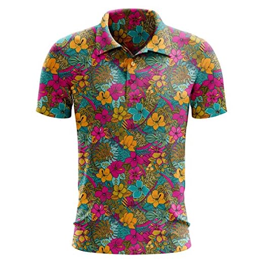 Retro 70's Floral Golf Polo Print for Men (Performance Golf Polo, Large) Multicoloured