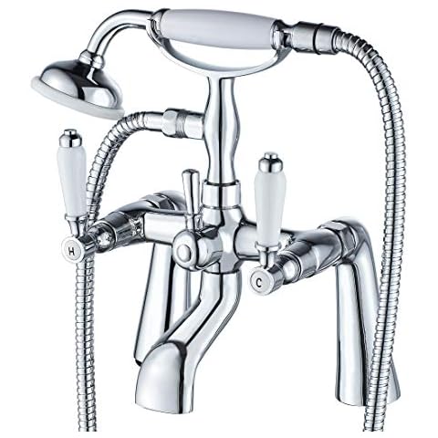 Traditional Bathtub Mixer Tap,Luckyhome Victorian Bath Shower Mixer Tap with Hand Held Shower Head Solid Brass Chrome Finish Filler Bath Tap Cover