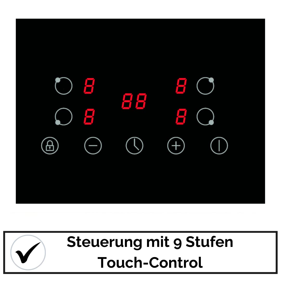 YUNA Glaskeramik-Kochfeld Calor EBK4 | Autark | 4 Zonen | 59 cm | Rahmenlos | Timer | Herdplatte | 4 Kochzonen | Kindersicherung | 9 Leistungsstufen