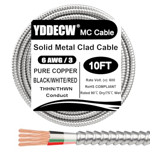Image of 10ft 6 /3 Metal Clad (MC) Cable with Ground, 6 Gauge Electric Wire with Aluminum Armor, Solid Bare Copper Conductors for Indoor Outdoor Underground Embedded Installation (6 /3, 10 ft)