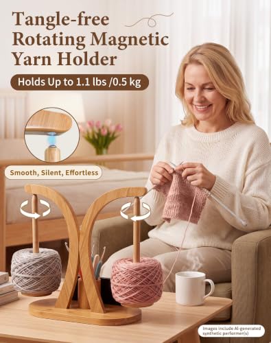 Image of SPEENSUN Tangle-Free Magnetic Double Yarn Holder for Crocheting | Upgraded Tall Spindles for Large Cake Yarns, Premium Bamboo, Smooth Magnetic Spinning, Phone Stand & Tool Organizer